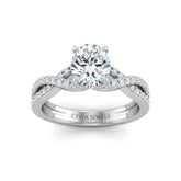Silver Round Diamond Engagement Ring With Twisted Pavé Band And Four Prong Solitaire Setting