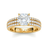 Yellow Gold Cushion Diamond Engagement Ring With Triple Pavé Band