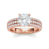 Rose Gold Cushion Diamond Engagement Ring With Triple Pavé Band