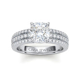 Silver Cushion Diamond Engagement Ring With Triple Pavé Band