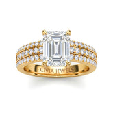 Yellow Gold Emerald Diamond Engagement Ring With Triple Pavé Band