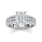 Silver Emerald Diamond Engagement Ring With Triple Pavé Band