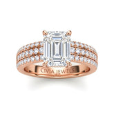 Rose Gold Emerald Diamond Engagement Ring With Triple Pavé Band