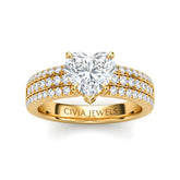 Yellow Gold Heart Diamond Engagement Ring With Triple Pavé Band