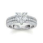 White Gold Heart Diamond Engagement Ring With Triple Pavé Band