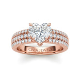 Rose Gold Heart Diamond Engagement Ring With Triple Pavé Band