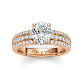 Rose Gold Oval Diamond Engagement Ring With Triple Pavé Band