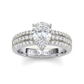 Silver Pear Diamond Engagement Ring With Triple Pavé Band