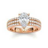Rose Gold Pear Diamond Engagement Ring With Triple Pavé Band