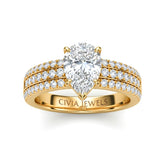 Yellow Gold Pear Diamond Engagement Ring With Triple Pavé Band