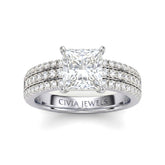 Silver Princess Diamond Engagement Ring With Triple Pavé Band