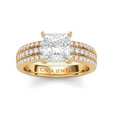 Yellow Gold Princess Diamond Engagement Ring With Triple Pavé Band