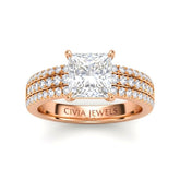 Rose Gold Princess Diamond Engagement Ring With Triple Pavé Band