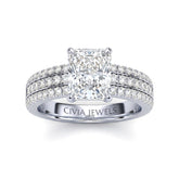 White Gold Radiant Diamond Engagement Ring With Triple Pavé Band