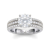 White Gold Round Diamond Engagement Ring With Triple Pavé Band