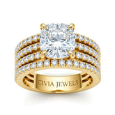 Yellow Gold Cushion Diamond Engagement Ring With Multirow Pavé Band