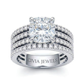 Silver Cushion Diamond Engagement Ring With Multirow Pavé Band