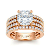 Rose Gold Cushion Diamond Engagement Ring With Multirow Pavé Band