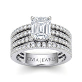 Silver Emerald Diamond Engagement Ring With Multirow Pavé Band