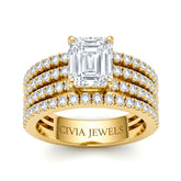 Yellow Gold Emerald Diamond Engagement Ring With Multirow Pavé Band