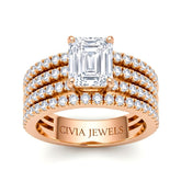 Rose Gold Emerald Diamond Engagement Ring With Multirow Pavé Band