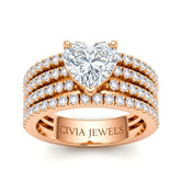 Rose Gold Heart Diamond Engagement Ring With Multirow Pavé Band