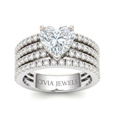White Gold Heart Diamond Engagement Ring With Multirow Pavé Band