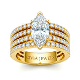 Yellow Gold Marquise Diamond Engagement Ring With Multirow Pavé Band