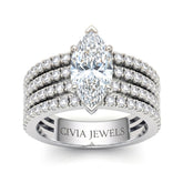 Silver Marquise Diamond Engagement Ring With Multirow Pavé Band