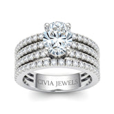 Silver Oval Diamond Engagement Ring With Multirow Pavé Band