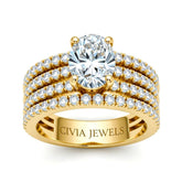 Yellow Gold Oval Diamond Engagement Ring With Multirow Pavé Band