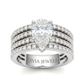 Silver Pear Diamond Engagement Ring With Multirow Pavé Band