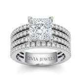 White Gold Princess Diamond Engagement Ring With Multirow Pavé Band