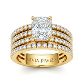 Yellow Gold Radiant Diamond Engagement Ring With Multirow Pavé Band