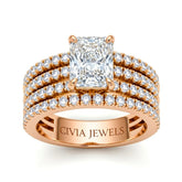 Rose Gold Radiant Diamond Engagement Ring With Multirow Pavé Band