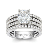 Silver Radiant Diamond Engagement Ring With Multirow Pavé Band