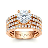 Rose Gold Round Diamond Engagement Ring With Multirow Pavé Band