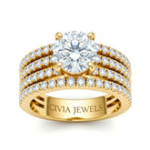 Yellow Gold Round Diamond Engagement Ring With Multirow Pavé Band