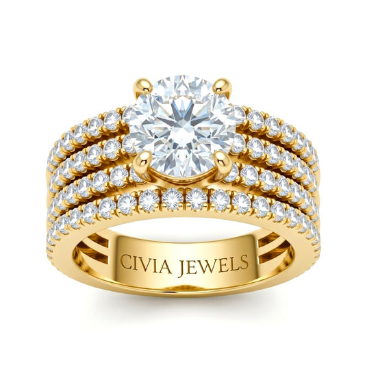 Yellow Gold Round Diamond Engagement Ring With Multirow Pavé Band