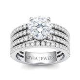 White Gold Round Diamond Engagement Ring With Multirow Pavé Band