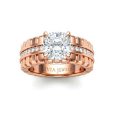 Rose Gold Cushion Diamond Engagement Ring With Ribbed Multirow Band