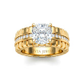 Yellow Gold Cushion Diamond Engagement Ring With Ribbed Multirow Band