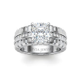 Silver Cushion Diamond Engagement Ring With Ribbed Multirow Band