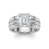 Silver Emerald Diamond Engagement Ring With Ribbed Multirow Band