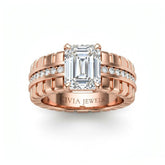 Rose Gold Emerald Diamond Engagement Ring With Ribbed Multirow Band