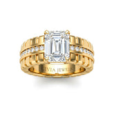 Yellow Gold Emerald Diamond Engagement Ring With Ribbed Multirow Band