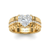 Yellow Gold Heart Diamond Engagement Ring With Ribbed Multirow Band