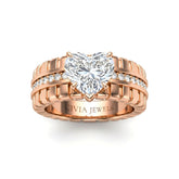 Rose Gold Heart Diamond Engagement Ring With Ribbed Multirow Band
