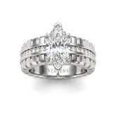 Silver Marquise Diamond Engagement Ring With Ribbed Multirow Band