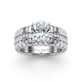 Silver Oval Diamond Engagement Ring With Ribbed Multirow Band